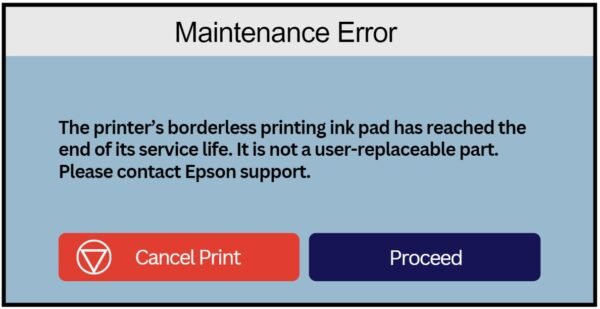 The printer’s borderless printing ink pad has reached the end of its service life. It is not a user-replaceable part. Please contact Epson support.