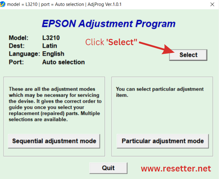 3. On EPSON Adjustment Program, click “Select” and choose the Model name