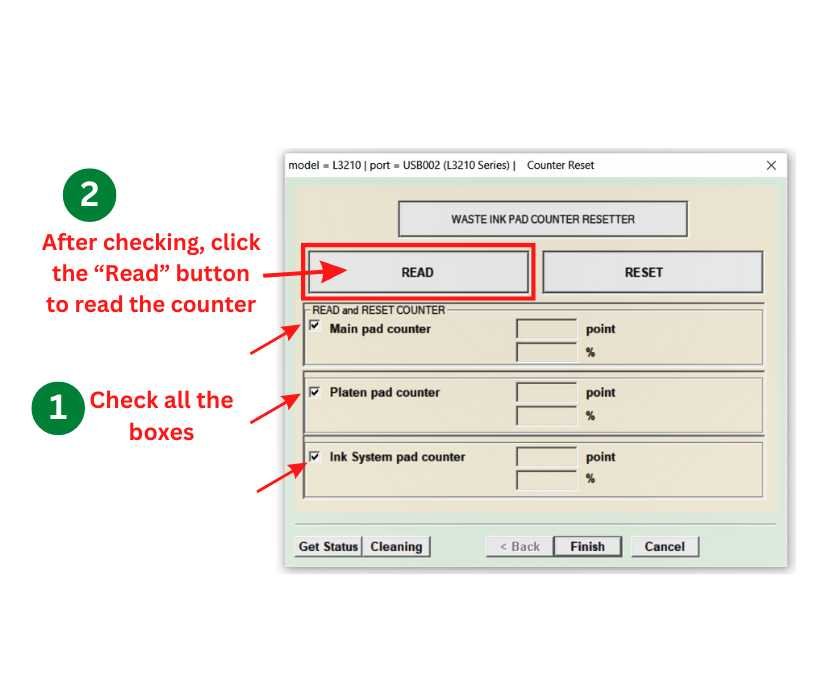 7. Check all the boxes. After checking, click the “Read” button to read the counter